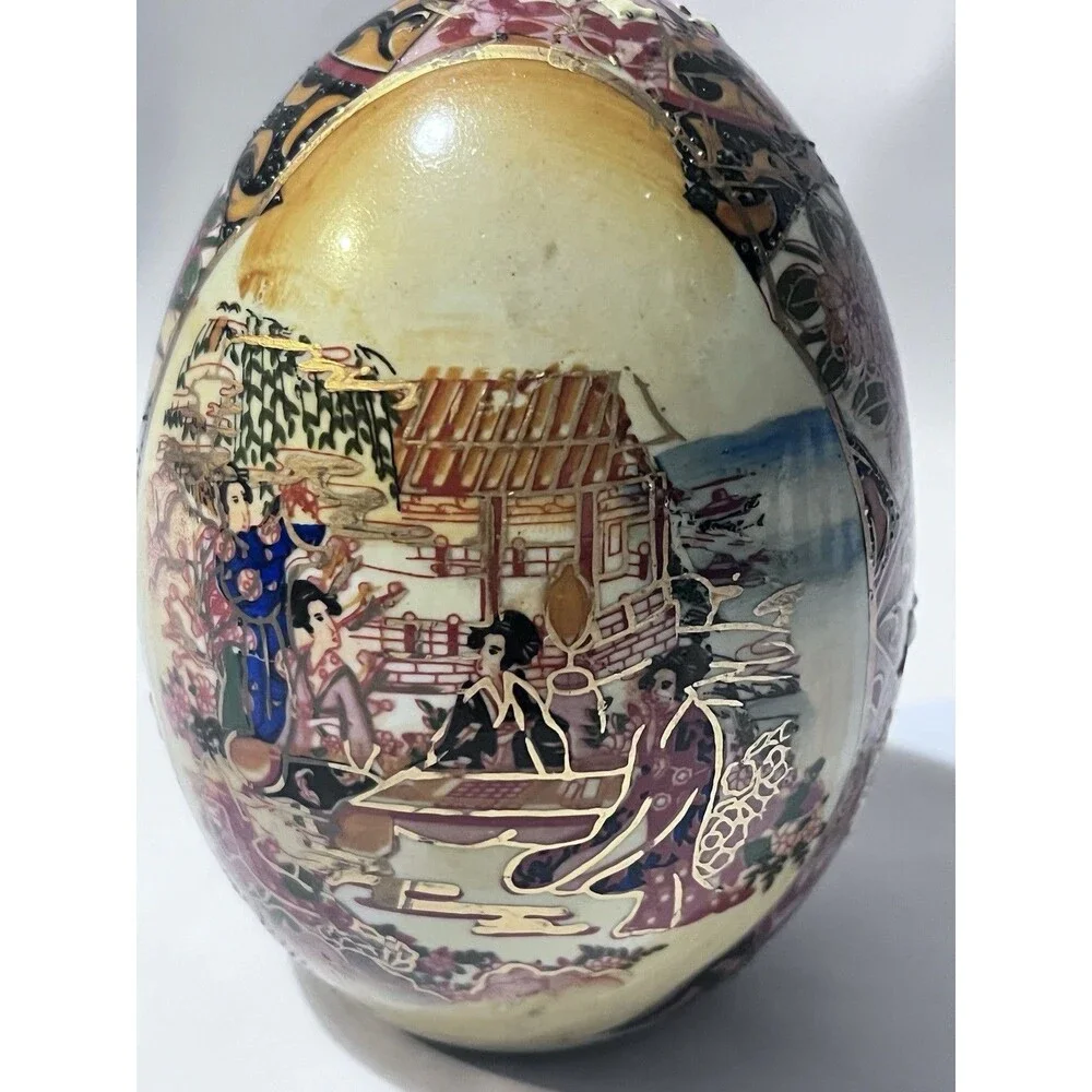 Vintage Japanese Handmade Egg-Shaped Vase Hand-Painted Geisha Scene Decorative A